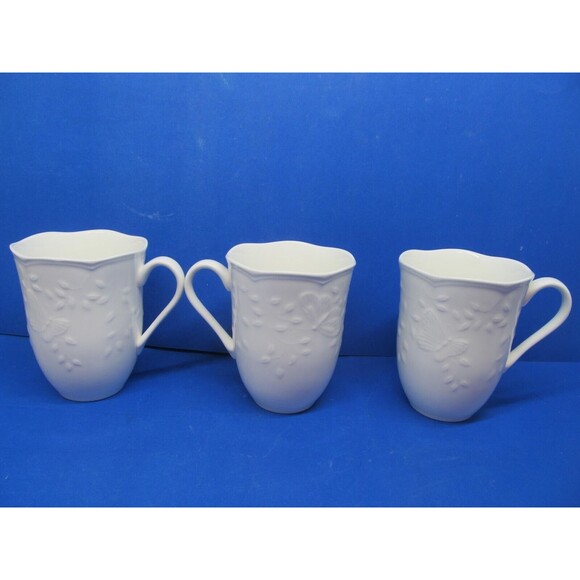 Lenox Butterfly Meadow Cloud White Embossed Butterflies And Leaves Mugs Set of 3 - Picture 8 of 16